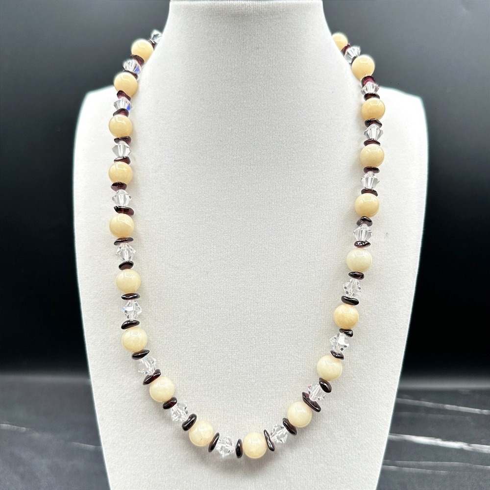 VTG Cream Stone Bead Necklace Clear Crystal Burgundy Spacer 19" Choker Jewelry